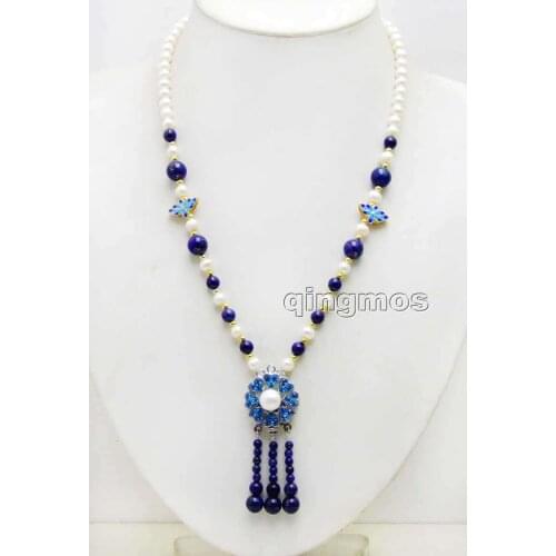 SALE 6-7mm White Round Natural Pearl and Blue lapis lazuli & 25mm Blue Pendant 20" necklace-6090 wholesale/retail Free shipping