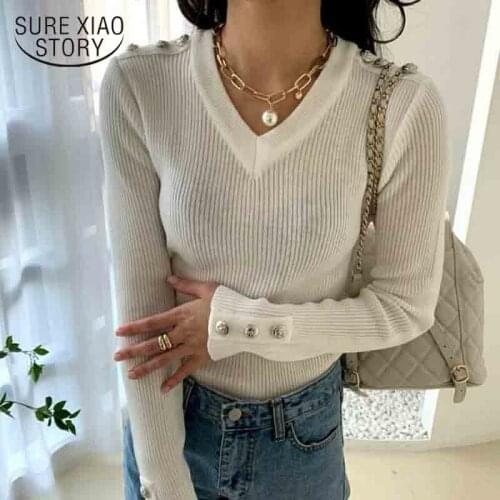 Solid Button Long Sleeve Pullovers V-Neck Gentle Fashion Clothes Ladies Autumn Elegant Sweaters Casual Slim Women Pullover 16712