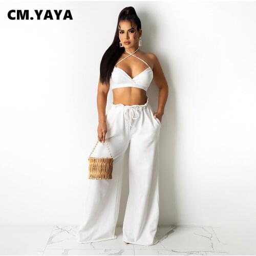 CM.YAYA Women Set Solid Sleeveless Halter V-neck Crop Tops Drawstring Waist Pockets Loose Pants Two 2 Piece Sets Summer Outfits