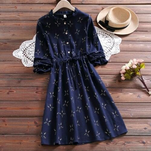 Floral Printed Vintage Dress New Fashion Women Long Sleeve Spring Dresses