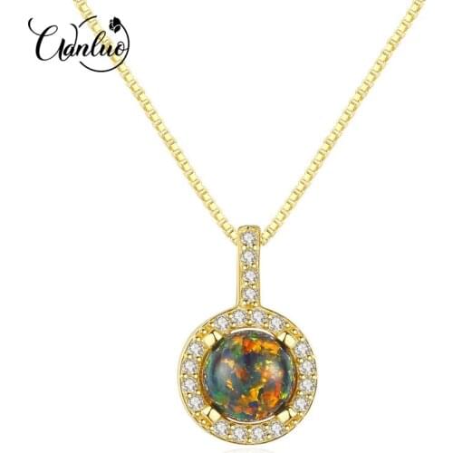 WANLUO Sterling Silver 925 Round Opal Pendant Necklace for Women Charming Silver Chain Pendant Sparkling Necklaces Jewelry Gifts
