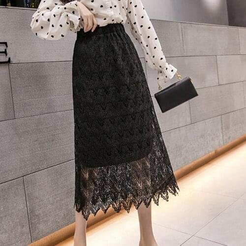 Lace Skirts Womens Korean Fashion Solid Color Elastic High Waist Ladies Skirt Hollow Out 2021Spring Wild Slim Midi Skirts Female