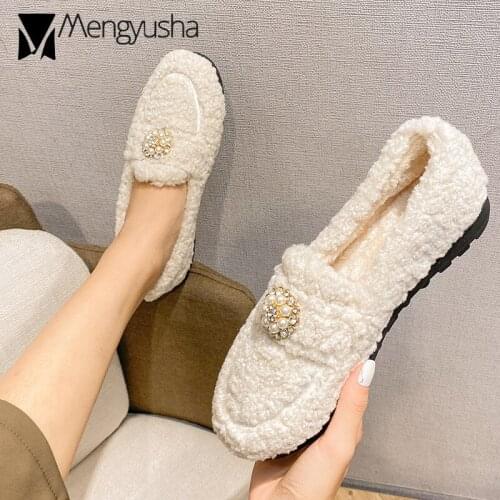 Pearl flower curly fur cotton shoes woman 41-43 big size plush creepers round toe crystal furry sneakers women winter fur flats