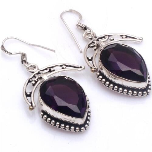 Genuine Amethyst Silver Overlay on Copper Earrings ,Hand made Women Jewelry Gift , 50 mm, E5757