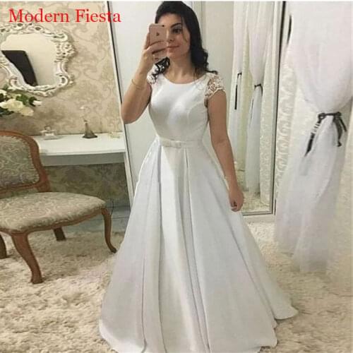 New Style платье Satin Wedding Dress Lace Cap Sleeves Vestidos De Novia Robe De Mariée Wedding Party Gowns MF0062
