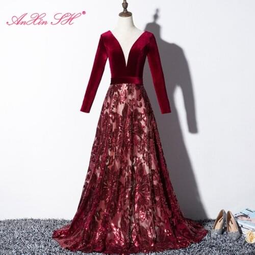 AXJFU princess wine red velvet evening Dress vintage sparkly v neck long sleeve performance green flower lace evening dress