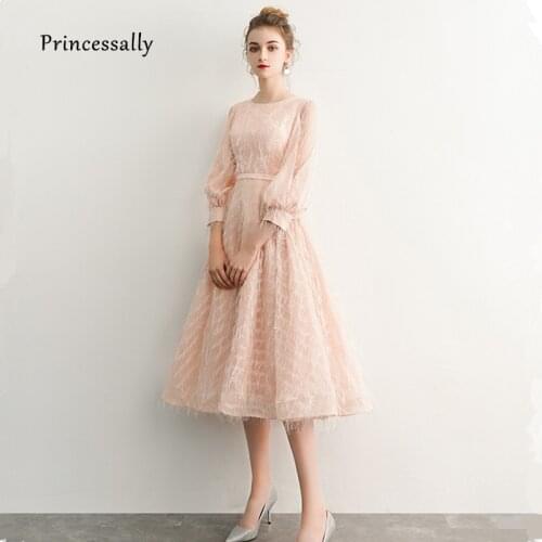 Robe Cocktail New Pink Cocktail Dress Tea Length 3/4 Sleeve Tassel Formal Prom Party Gown Simple Robe De Cocktail Courte 2019