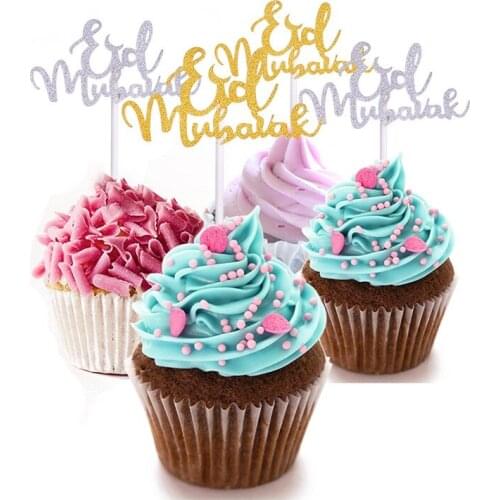 10pcs Eid Mubarak Cake Toppers Gold Silver Glitter Paper Card Topper Islamic Festival Party Decoration Cupcake Baking Supplies