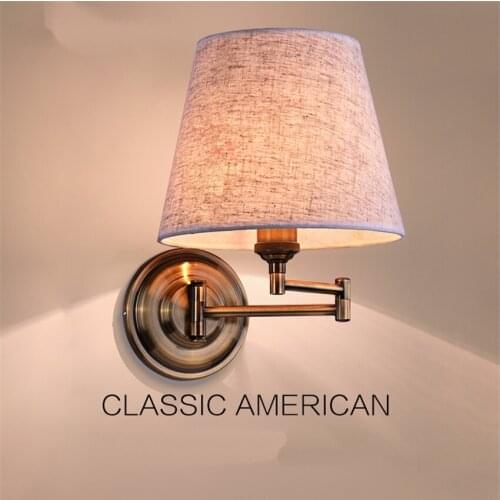 American E27 Wall Lamps Bedside Bedroom Fabric Shade Wall Sconce Lights Hotel Country Nordic Switch Dimming Rocker Arm Fixtures