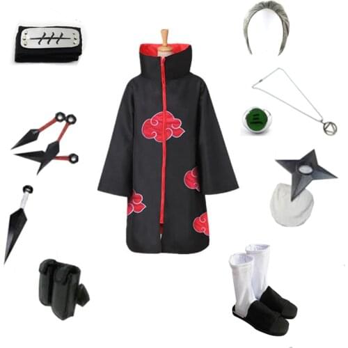 Brdwn NARUTO Hidan Akatsuki NinjaCosplay Costume (Red Cloud Cloak+Headband+Shoes+Ring+Kunai+bag+shuriken+necklace)