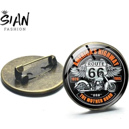 SIAN Classic US Route 66 Brooch Pin Jewelry Art Photo Glass Dome Cabochon Lapel Pins Brooches Resin Badges Gifts For Men Women