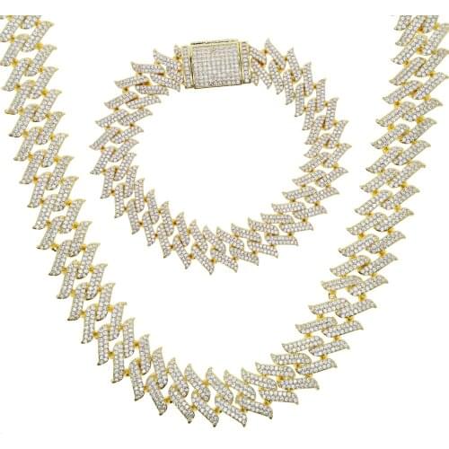 Hip Hop Bling Men Jewelry Set 15MM Spiked Cuban Link Chain Cool Rock Punk Curb Cubans Boy Bracelet Necklace Set