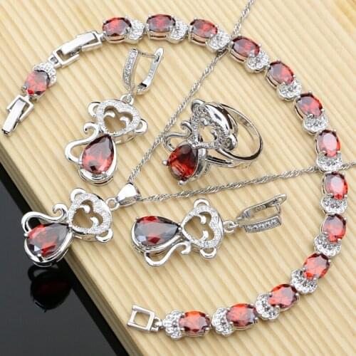 Red Garnet WhiteTopaz 925 Silver Jewelry Sets for Women Animal Monkey Earrings with Stone Necklace Set Dropshipping