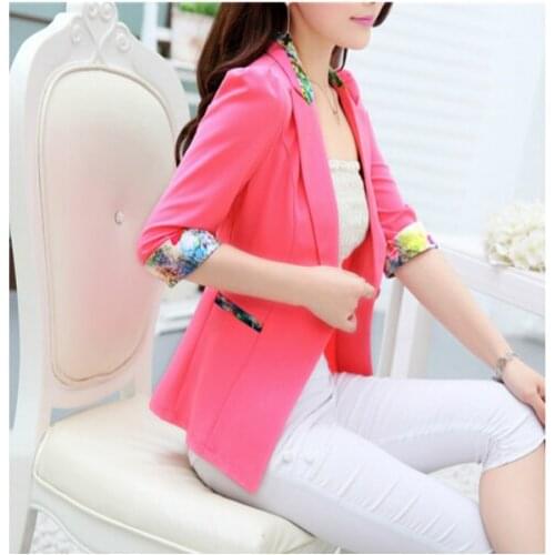 Summer Fall Floral Blazer Three Quarter Sleeve Candy Blazer Women Flower Slim Office Suit Thin Coat Plus Size S-3XL