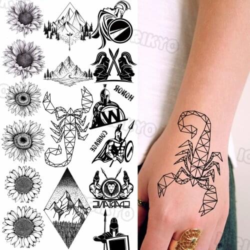 Black Scorpion Small Temporary Tattoos For Women Men Realistic Sun Flower Spartan Mountain Fake Tattoo Sticker Body Tatoos Hand