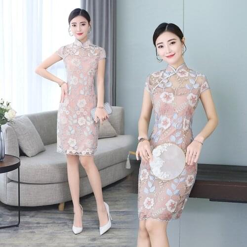 New Modern Lace Qipao Traditional Chinese Dress Cheongsam Banquet Costume Short Qipao Woman Oriental Evening Party Dresses