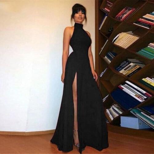 Lorie High Neck Long Womens Black Satin Evening Dresses Mermaid Simple Cheap Formal Prom Party Gown with Split Plus Size
