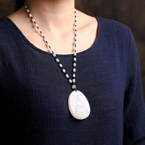 Natural White Jade Hand-Carving Buddhism Theme GuanYin Lucky Pendant Amulet Ornaments+Bead Necklace+Free Gift Box