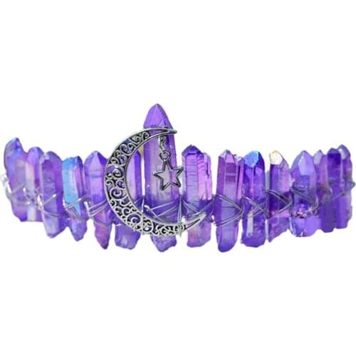 Queen Crown Headbands Natural Crystal Hairbands Womens Handmade Hair Accessories for Wedding Moon Witch Party Costumes