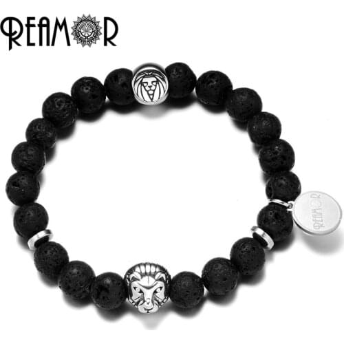 REAMOR Unisex Stainless Steel Lion Head Black Lava Natural Stone Beads Bracelet Strength Charm Stretch Bracelets for Men Jewelry