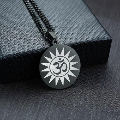 Religious AUM OM Pendant Necklaces for Men Black Stainless Steel Collier Male Jewelry with Free Chain 24"
