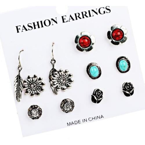 Retro Crystal Resin Stud Earring Sets Mixed Retro Flowers Round Steampunk Party Earring for Women Jewelry As Gifts 6pairs/set