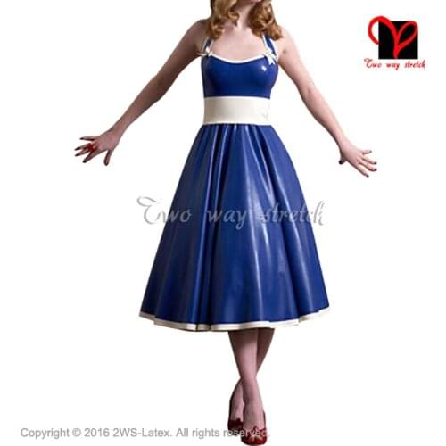 Sexy blue and white Latex Dress Lace Back with bow Rubber Bodycon Gummi Backless playsuit plus size XXL QZ-136