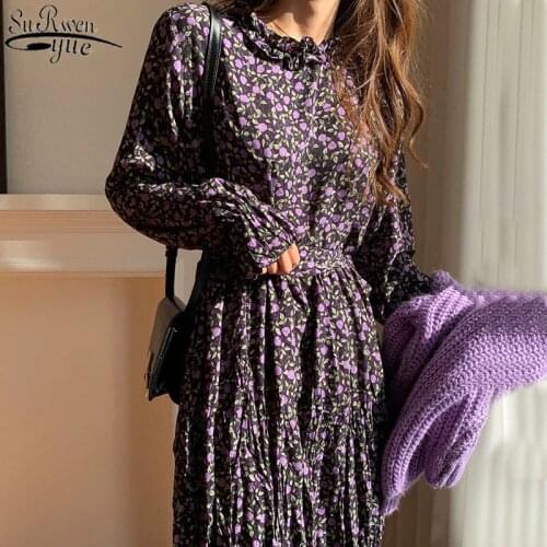 Floral Print Chiffon Dress High Waist Vintgae Dress Purple Long Flare Sleeve Pleated Dresses Ruffled Midi Long Dresses 14153
