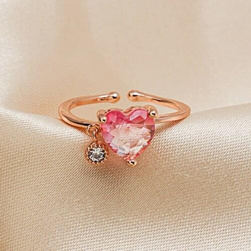 Korea Crystal Heart shape Rings For Women Adjustable Charm Pink Cubic Zircon Open Finger Rings Statement Fashion Jewelry