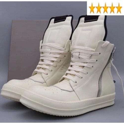 High-TOP Brand Casual Ankle Boots Genuine Leather Zipper Luxury Trainers Men Lace-up Zip Flats Platform Shoes Sneakers