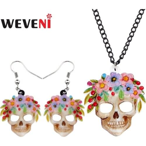 WEVENI Acrylic Halloween Costumes Flower Skull Earrings Drop Necklace Pendant Retro Jewelry Sets For Women Girls Decorations