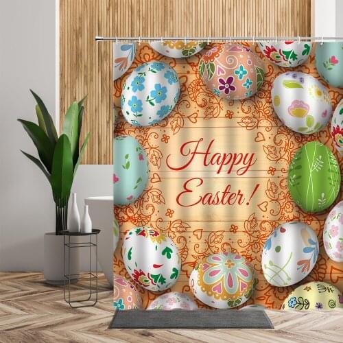 Wooden Printed Shower Curtain Set Colorful Easter Egg Flower Wood Grain Bath Curtains Waterproof Fabric Bathroom Decor With Hook