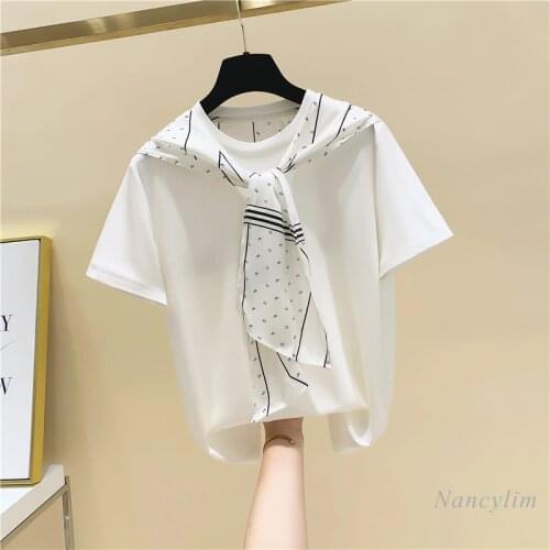 Scarf Stitching Tied Round Neck T-Shirt Women Loose-Fitting Pure Cotton Short Sleeves Tops Female 2021 Summer Clothing Nancylim