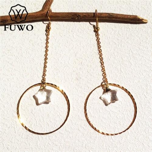 FUWO Gold Circle Rock Crystal Earrings 24K Gold Electroplated Brass Circle With Star Shape Quartz Earrings Dangle Jewelry ER007