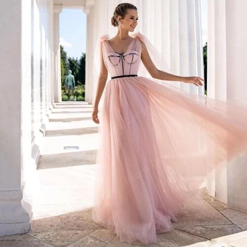 Elegant Pink Evening Dresses For Saudi Arabia Bows Straps Tulle Prom Gowns Woman Celebrity Party Dress Customizes 2021 Robes