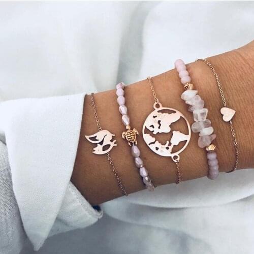 Bohemia Pink Crystal Beads Charm Bracelets Set Woman Golden Map Turtle Love Chain Bracelet Fashion Female Party Jewelry Gifts