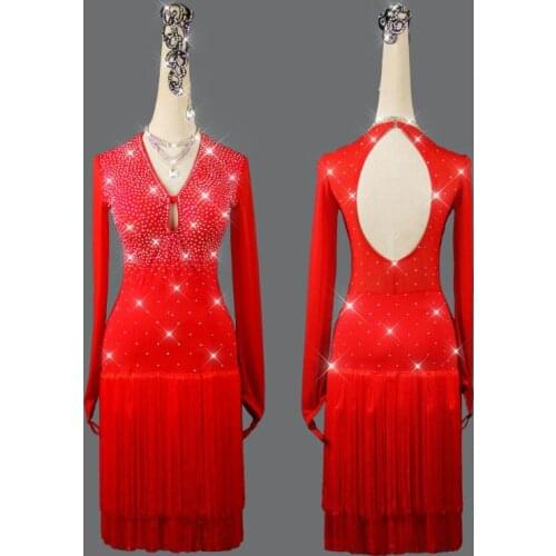 New red latin dance competition suit long sleeve sexy womens professional tassel dress women custom performance skirt