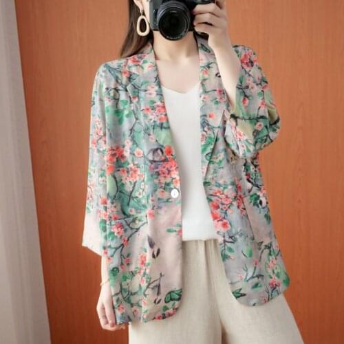 Women Summer Thin Casual Blazer Jackets New Arrival 2021 Vintage Style Floral Print Loose Comfortable Ladies Elegant Coats S3978