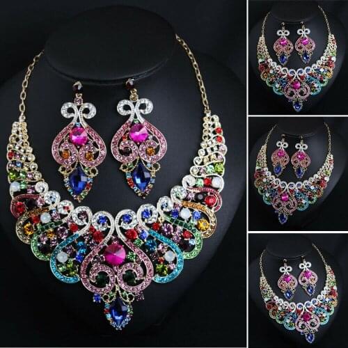 Charm Womens Jewelry Sets Bib Choker Chunky Crystal Pendant Necklace Earrings Dangle Statement Wedding Party Fashion Jewelrys