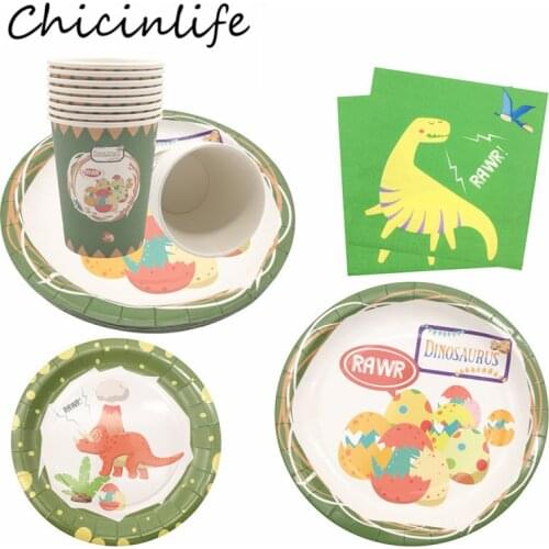 Chicinlife 8Pcs Dinosaur Paper Plates Cups Napkin Photo Banner Disposable Tableware Birthday Party Decor Dinosaur Party Supplies