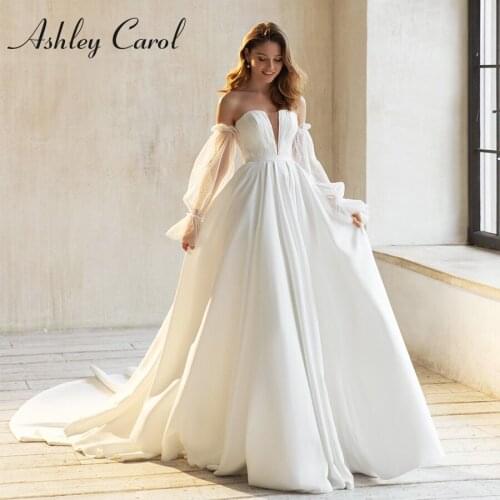 Ashley Carol A-Line Wedding Dress 2021 Elegant Backless Strapless Detachable Puff Sleeve Princess Bride Dresses Vestido De Novia