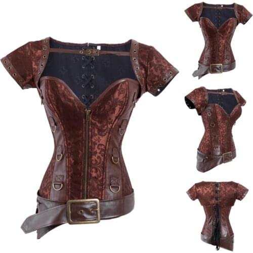 Gothic Steampunk Corsets Punk Steel Boned Zipper Vintage Overbust Corsets Waist Trainer Corset Top Modeling Strap Brown S-2XL