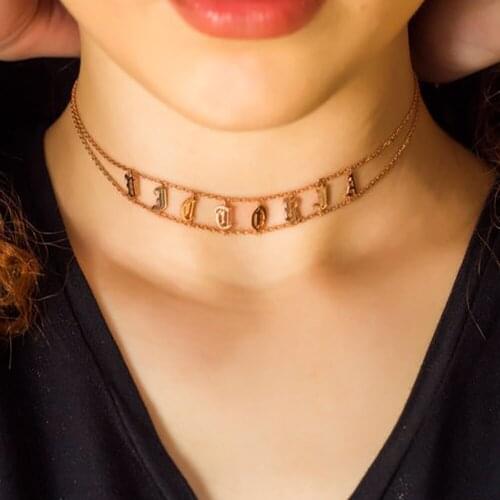 HUHUI Custom Old English Letter Choker Personality Initial Letter Stainless Steel Necklace Double Chain BFF Jewelry Best Gift