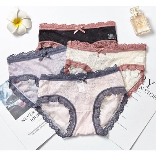 Lace Women Panties Lightweight Breathable Mid-Waist Panties Bow Cotton Comfort Solid Color Sexy Panties Free Shipping
