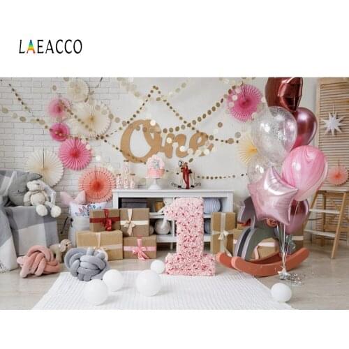Laeacco 1st Birthday Party Photophone Balloons Gifts Plush Toys Balls Trojan Photo Backgrounds Baby Child Photography Backdrops