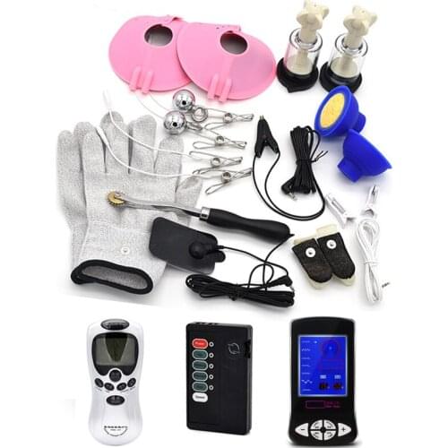 Electric Shock Set Electro Shock Gloves Nipple Clamps Breast Massager Pad Nipple Sucker Clips Finger Sleeve Sex Toys Adult Games