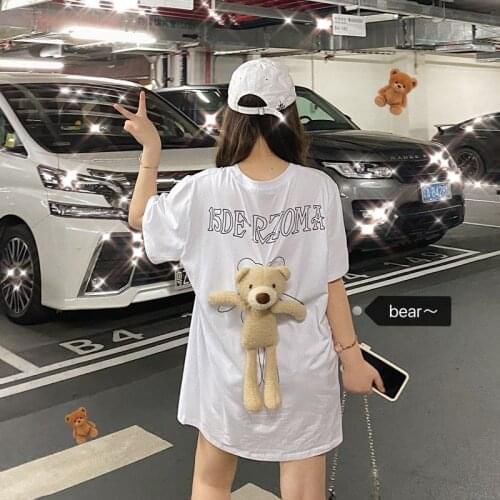New Fashion Back Bears Female T-shirt Summer Long Loose Womens T Shirts Three-Dimensional Bears doll Short Sleeves Tee Top