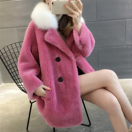 New Womens Loose Wool Fur Coat White Warm Real Fur Jackets Winter Red Sheep Shearing Coat with Fox Hair Collar Autumn Fashion