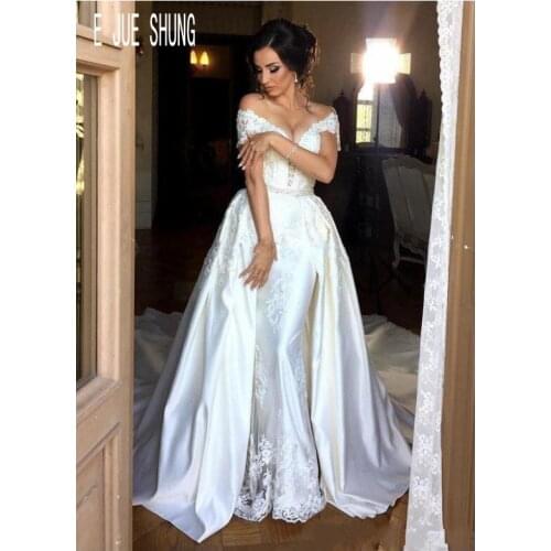 E JUE SHUNG Sexy Vintage Mermaid Wedding Dresses Detachable Train Off Shoulder Satin Beaded Sash Bridal Gowns vestido de noiva