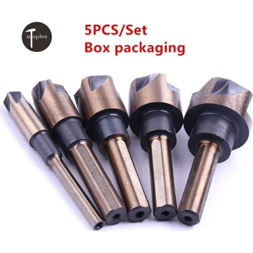 Durable 5pcs/set 6/10/12/15/19mm Tri-Flat Shank Countersink Drill Bit Set HSS 5 Flute Taper Cutter Portable box For Punching